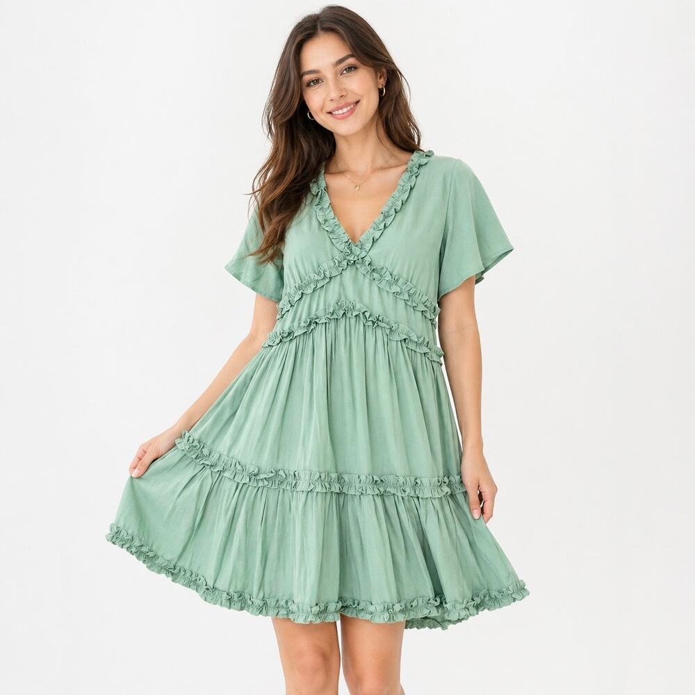 Magnolia Boutique Sage Green Ruffle Mini Dress Size Small EUC Spring Graduation